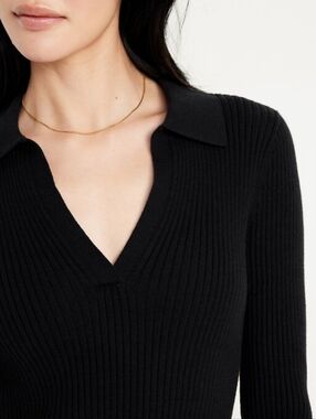 Cotton Black Ribbed V-Neck Polo Sweater - Women